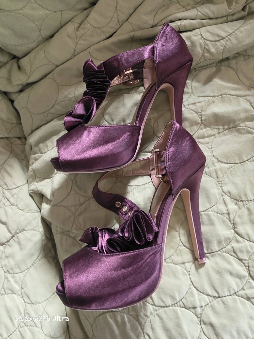 Liliana Plum Satin Peep-Toe Stiletto Sandals with Rosette